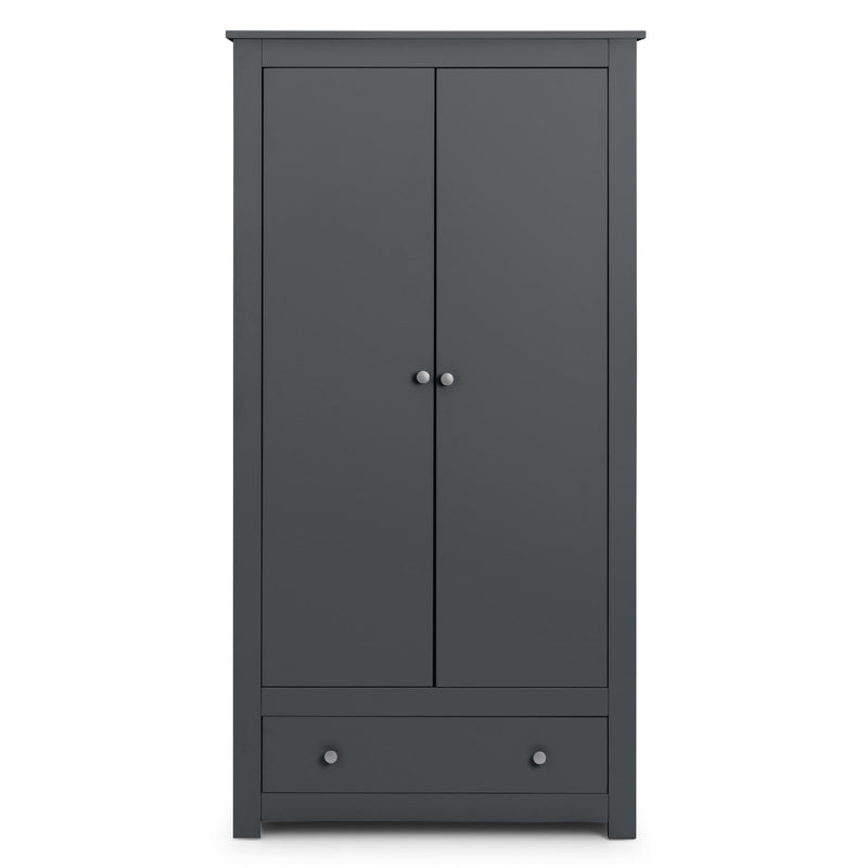Dark gray wardrobe with two doors and a drawer on a white background