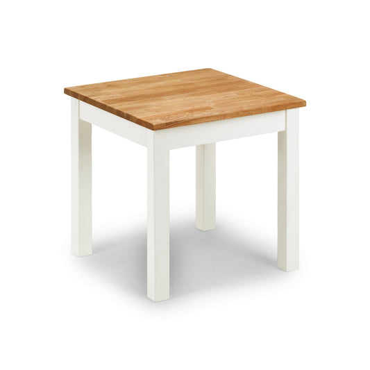 Small table with wooden top and white base on a white background
