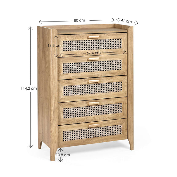 Dimensions of oak effect wooden 5 drawer chest with woven rattan drawer fronts