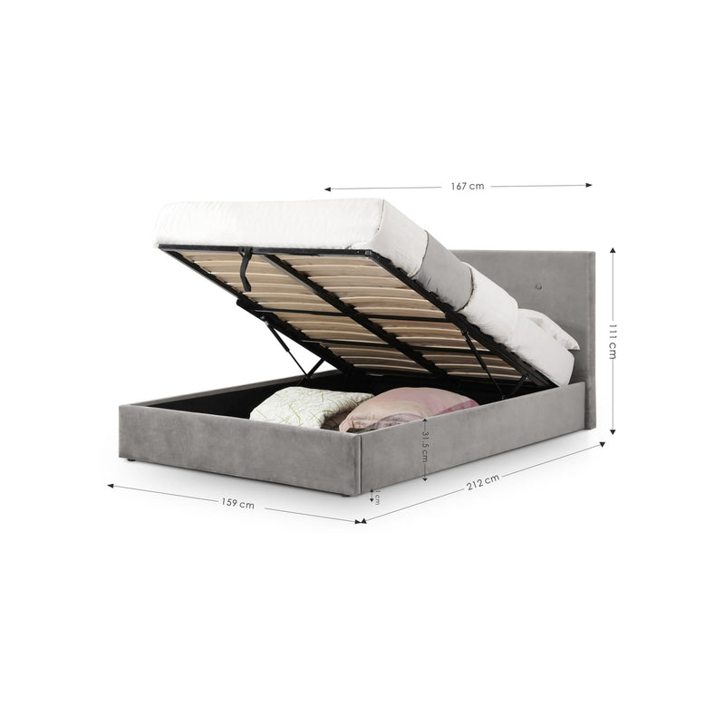Gray upholstered bed with open storage compartment, dimensions indicated.