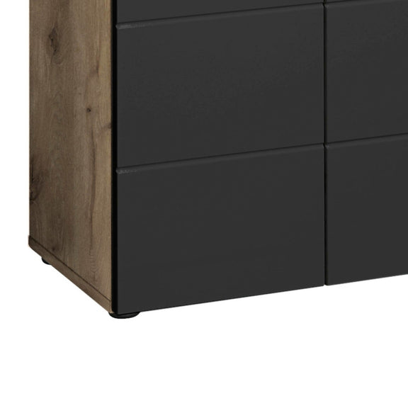 Black dresser with wooden accents on a white background