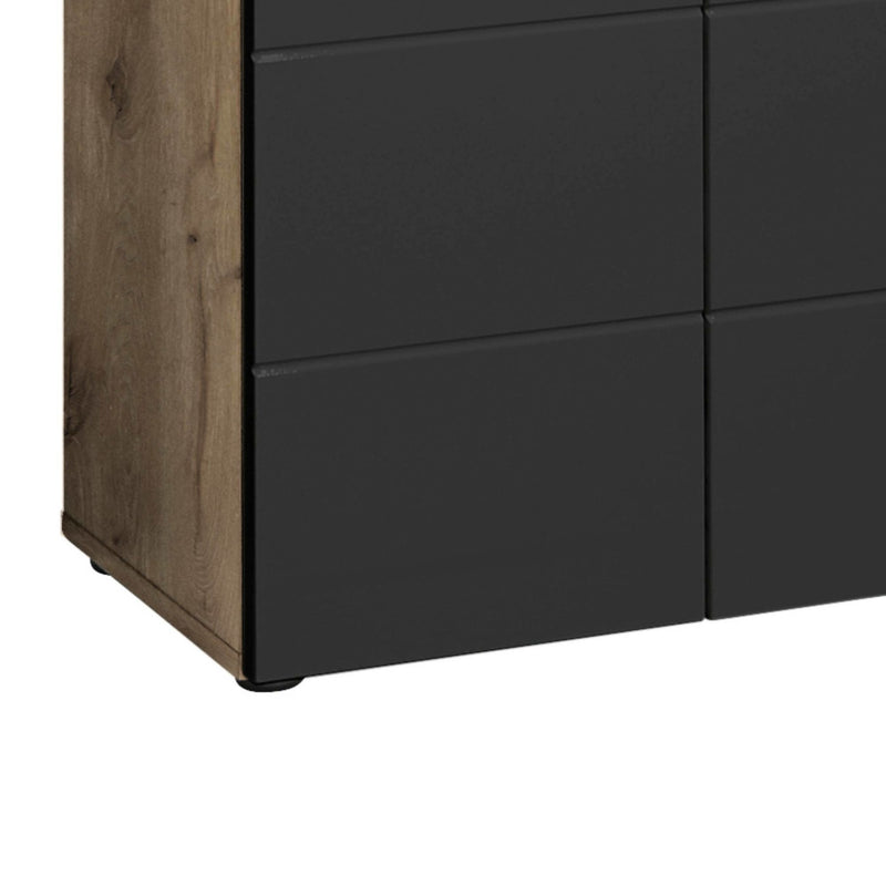 Black dresser with wooden accents on a white background