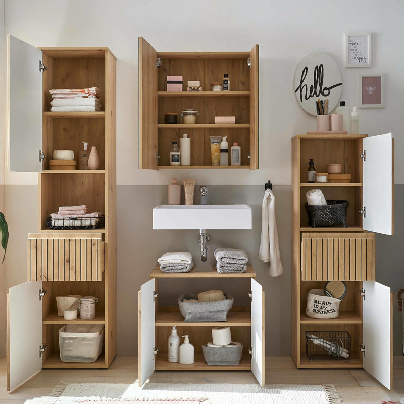 Bathroom with wooden cabinets and shelves containing various toiletries and towels.