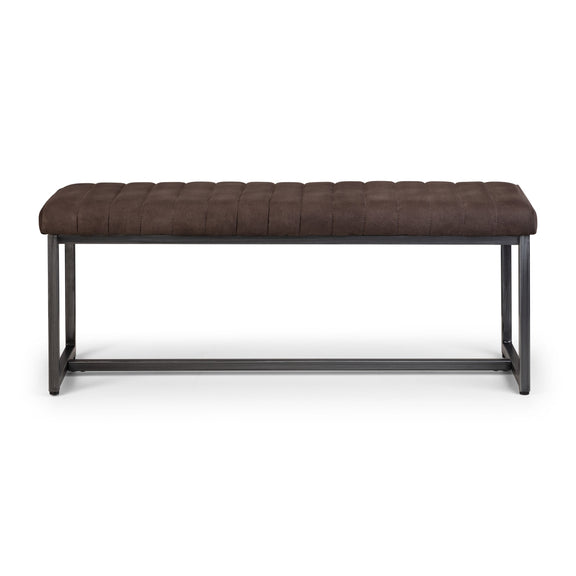 Brown upholstered bench with black metal frame on a white background