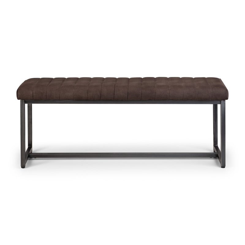 Brown upholstered bench with black metal frame on a white background