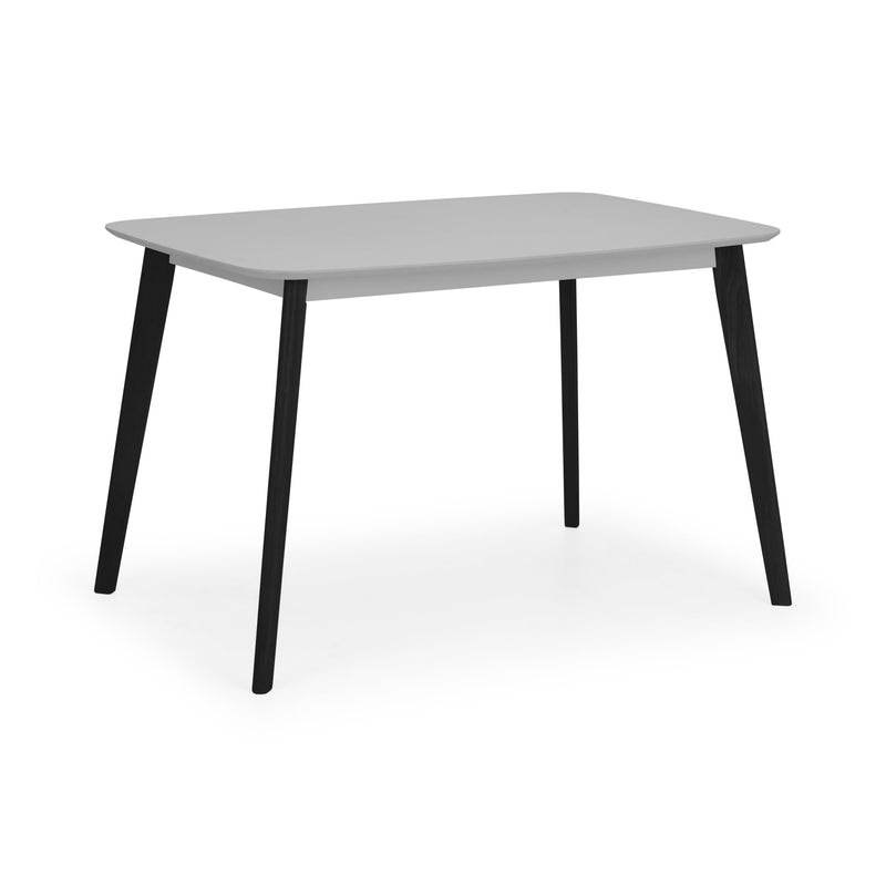 Rectangular table with a gray top and black legs on a white background