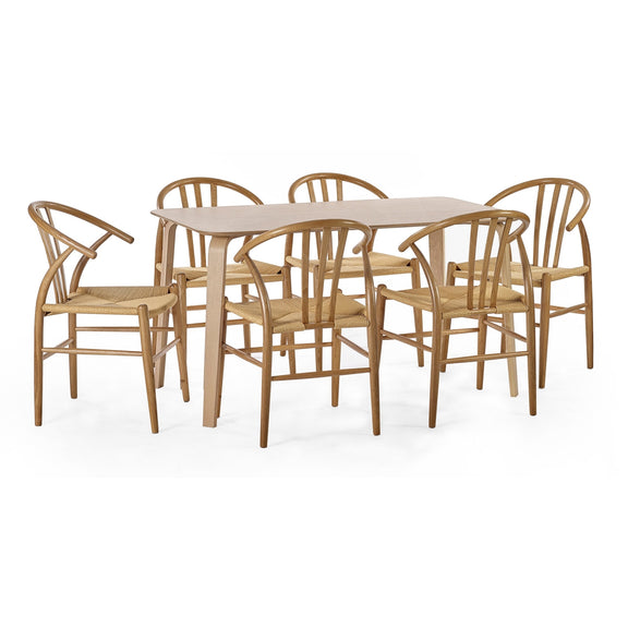 Wooden dining table with six chairs on a white background