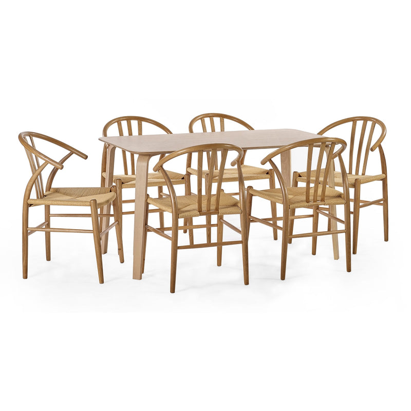 Wooden dining table with six chairs on a white background
