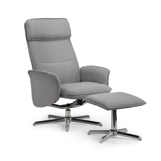 Gray recliner chair with ottoman on a white background