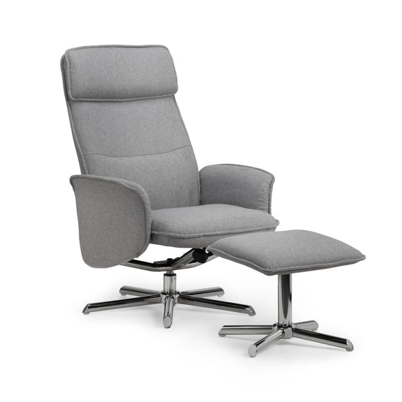 Gray recliner chair with ottoman on a white background