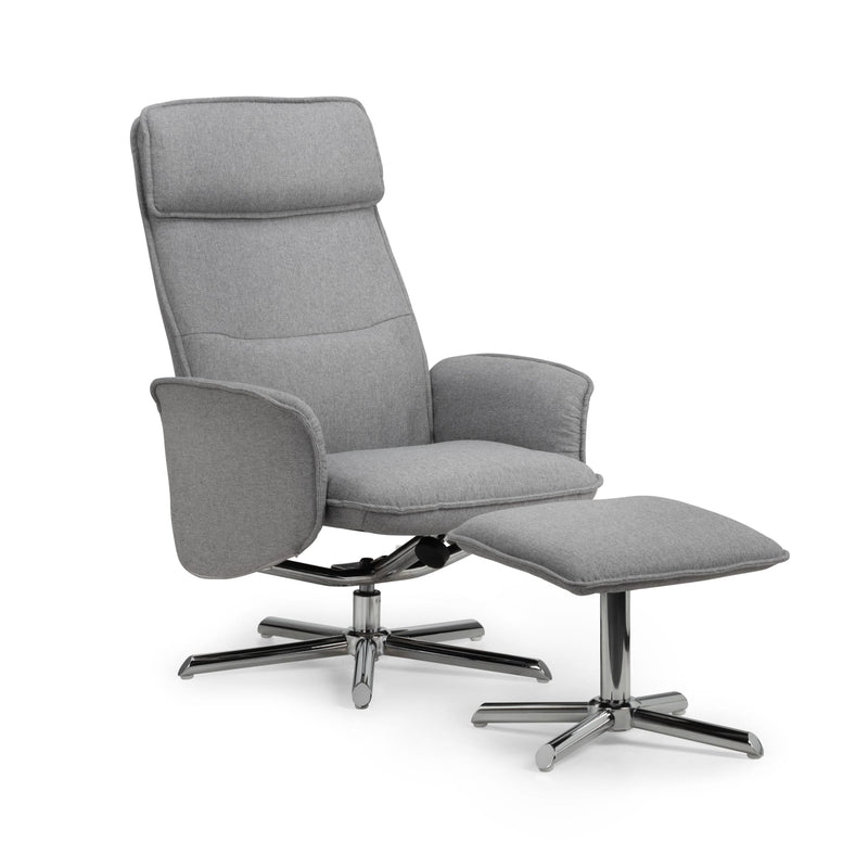 Gray recliner chair with ottoman on a white background
