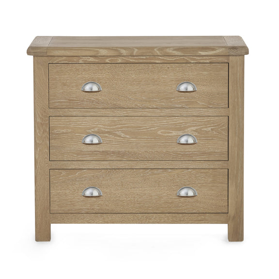 Wooden dresser with three drawers and metallic handles on a white background