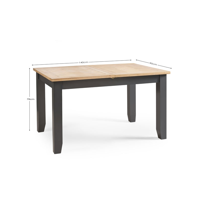 Dining table with dimensions labeled on a white background