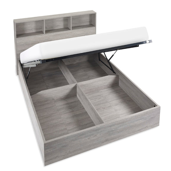 Gray wooden bed with storage compartments and a white mattress.
