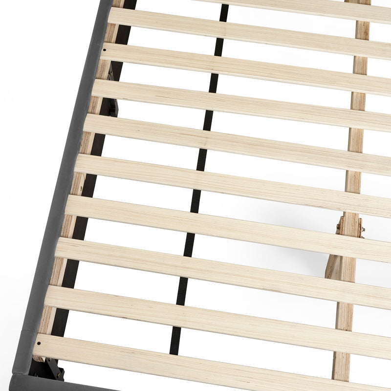 Wooden slatted bed frame with metal support on a white background