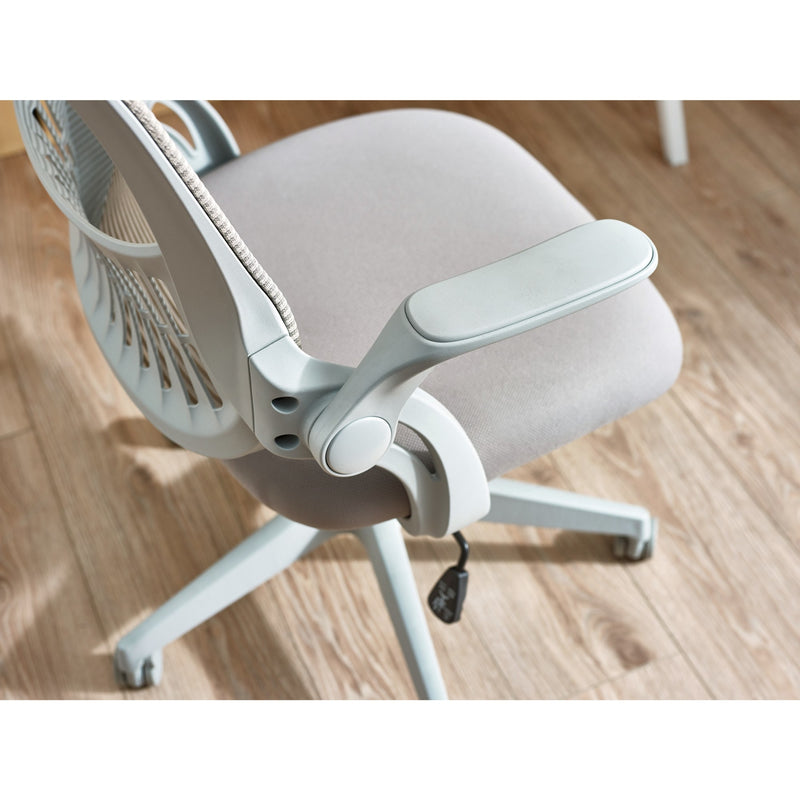 Gray office chair on a wooden floor