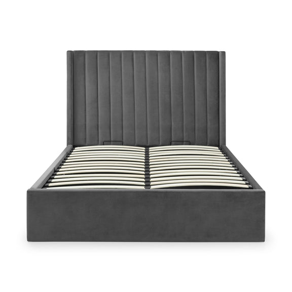 Dark gray upholstered bed frame on a white background