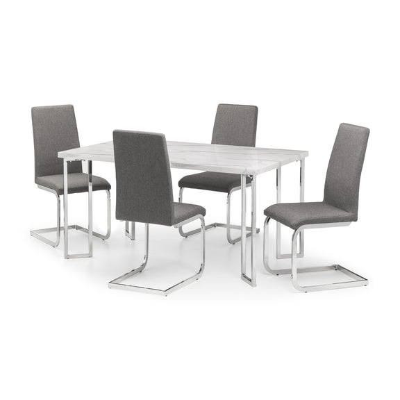 Dining table set with four gray chairs on a white background