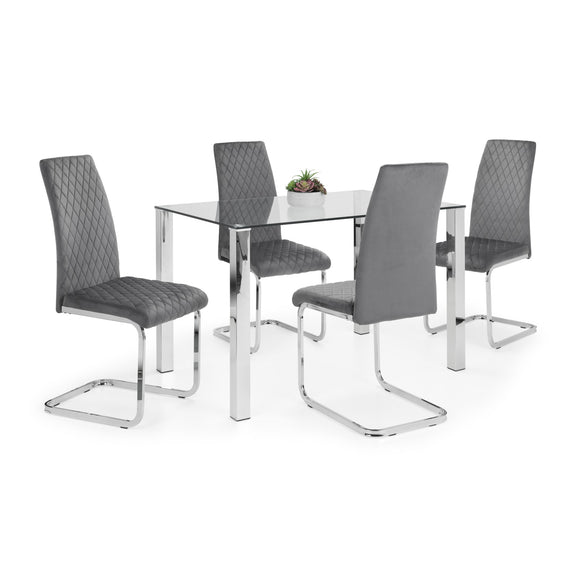 Dining set with a glass table and four gray chairs on a white background