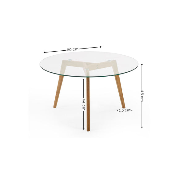 Glass table with wooden legs and dimensions labeled on a white background