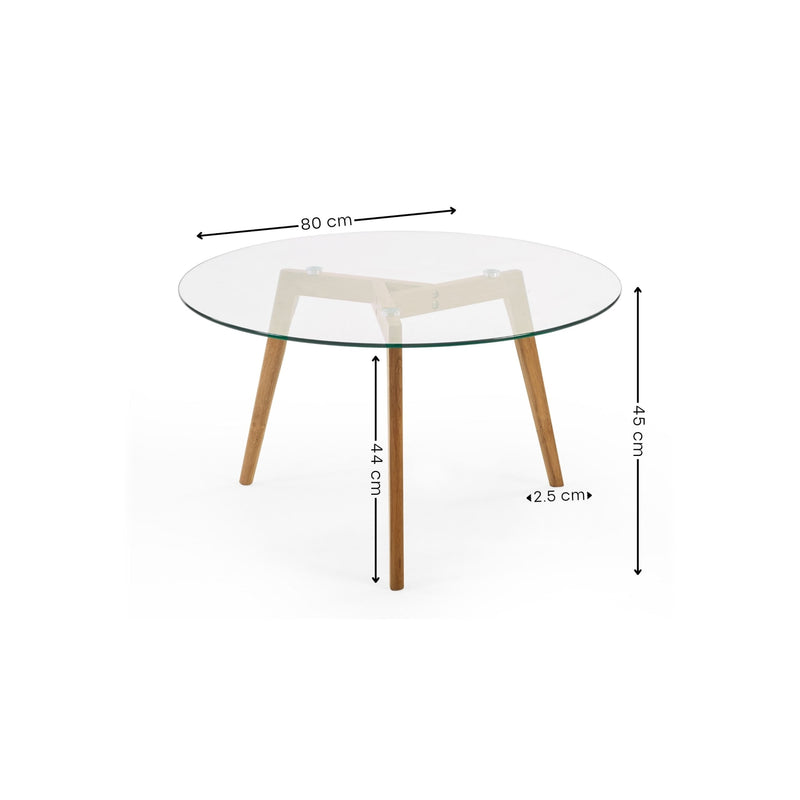 Glass table with wooden legs and dimensions labeled on a white background