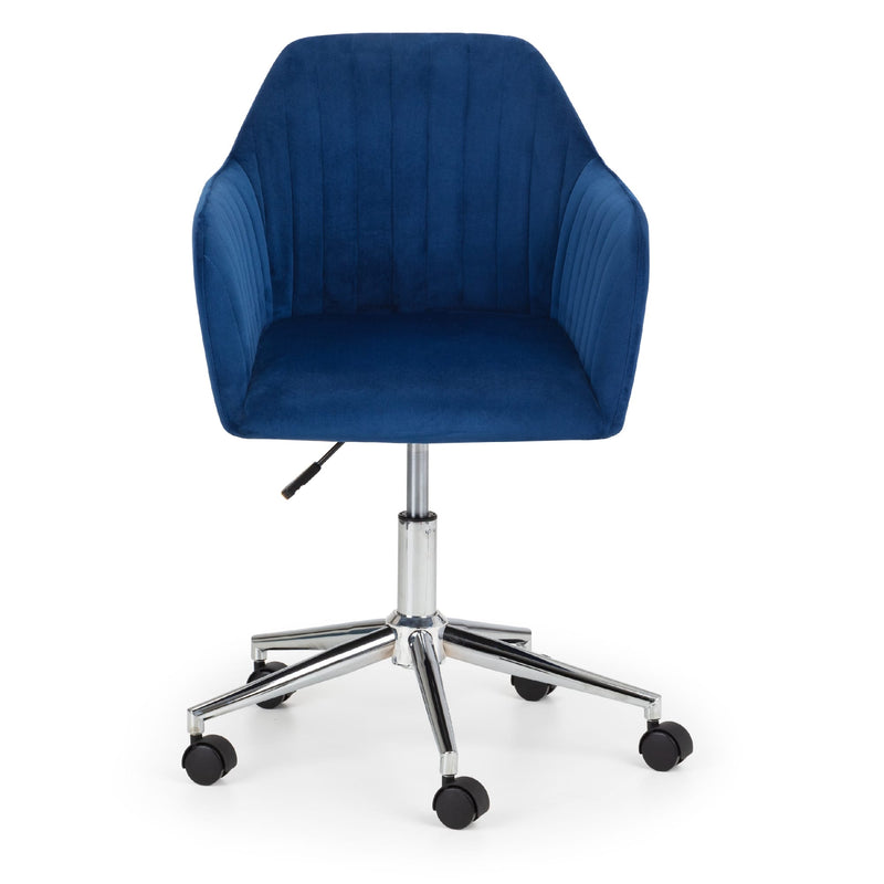 Blue office chair with a chrome base on a white background