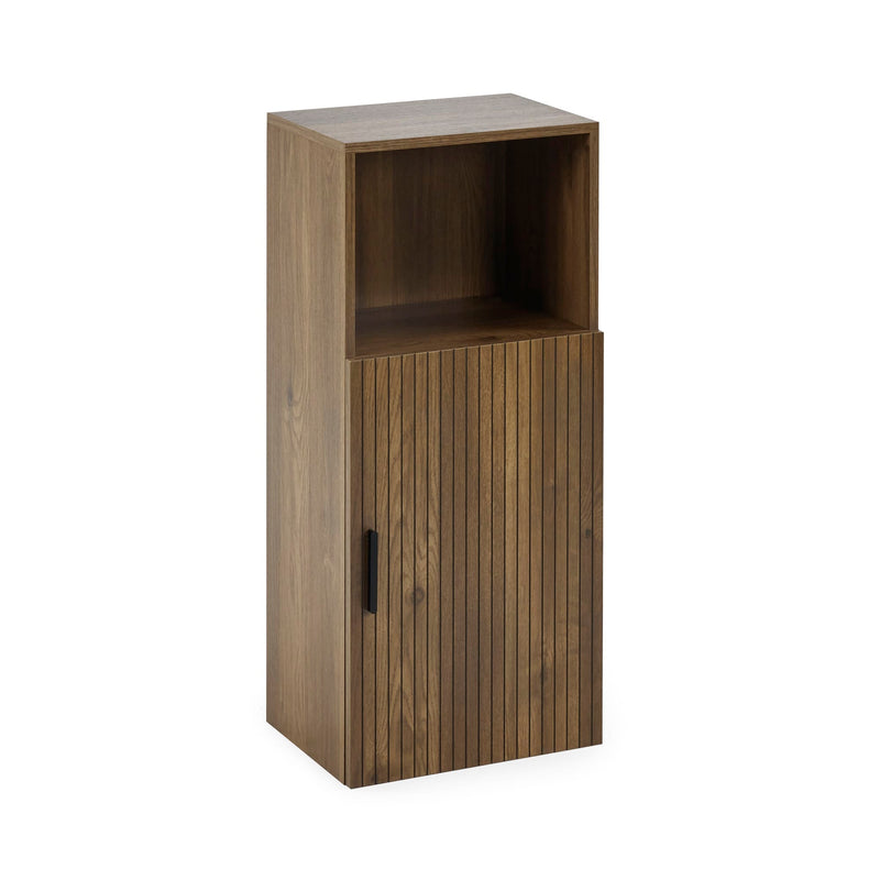 Wooden cabinet with a door and open shelf on a white background