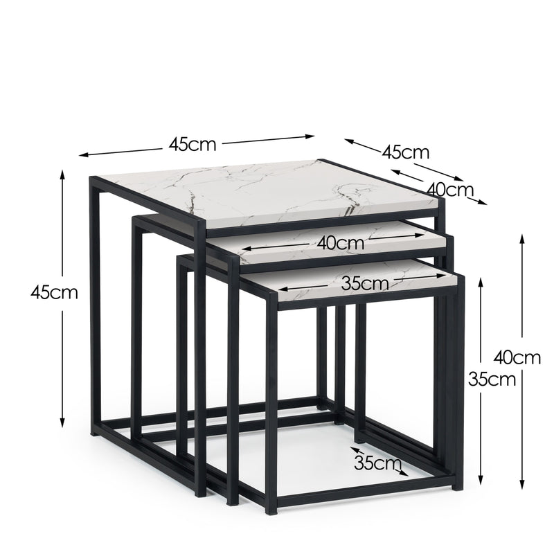 Set of three nesting tables with dimensions labeled on a white background