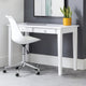 White desk with a chair and plant against a gray wall