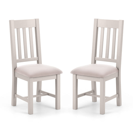 Two light gray chairs with beige cushioned seats on a white background