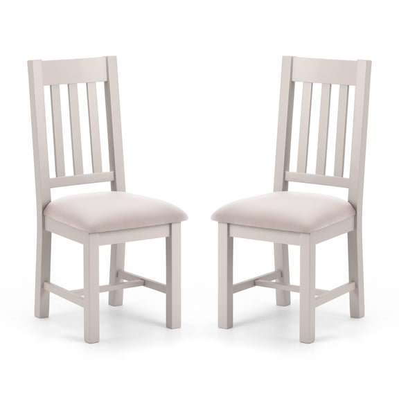 Two light gray chairs with beige cushioned seats on a white background