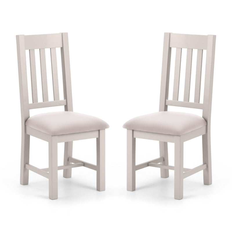 Two light gray chairs with beige cushioned seats on a white background