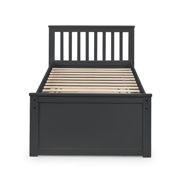 Black wooden bed frame with slatted headboard on a white background