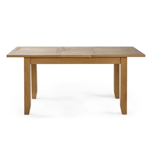 Wooden dining table with a single extension leaf on a white background