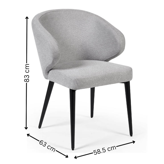 Gray upholstered chair with dimensions labeled on a white background
