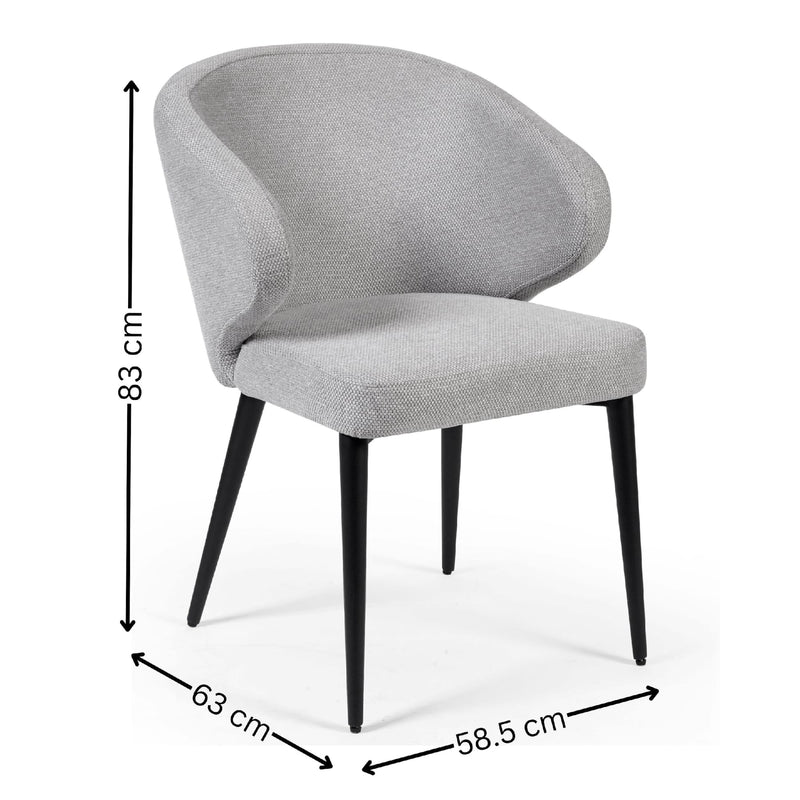 Gray upholstered chair with dimensions labeled on a white background
