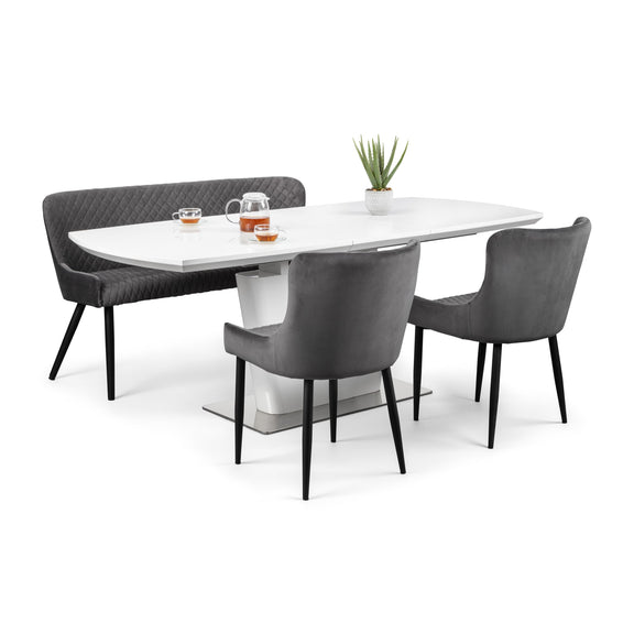 Dining set with a white table and gray chairs on a white background