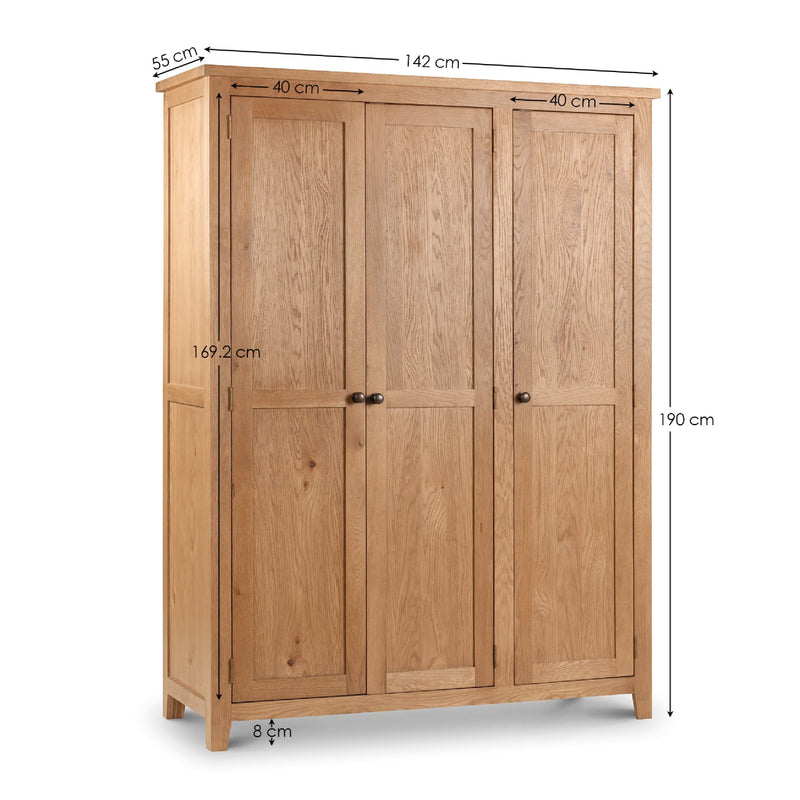 Wooden wardrobe with dimensions labeled on a white background
