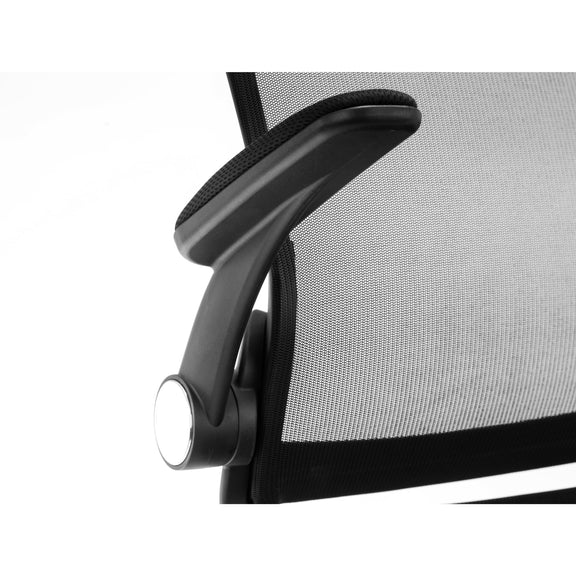 Close-up of a chair with mesh back and black armrest on a white background