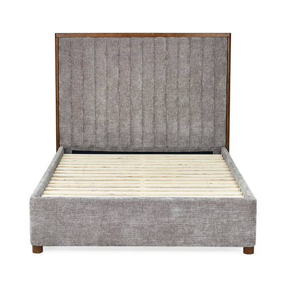 Gray upholstered bed with wooden frame on a white background