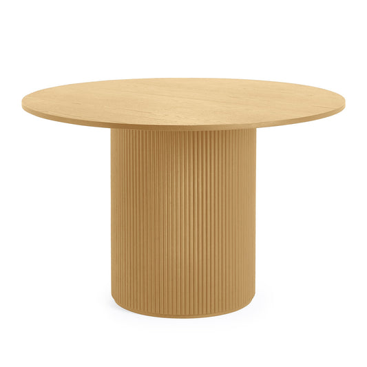 Wooden table with a round top and cylindrical base on a white background