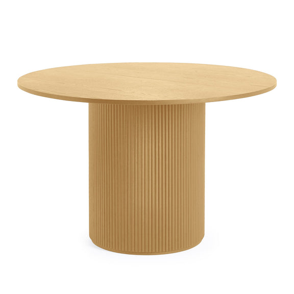 Wooden table with a round top and cylindrical base on a white background