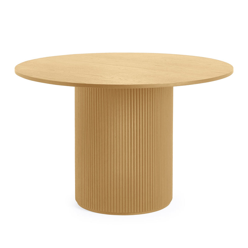 Wooden table with a round top and cylindrical base on a white background