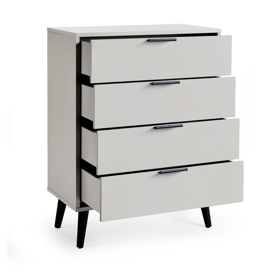 Gray dresser with four drawers on a white background