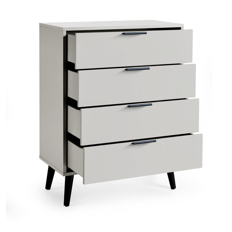 Gray dresser with four drawers on a white background