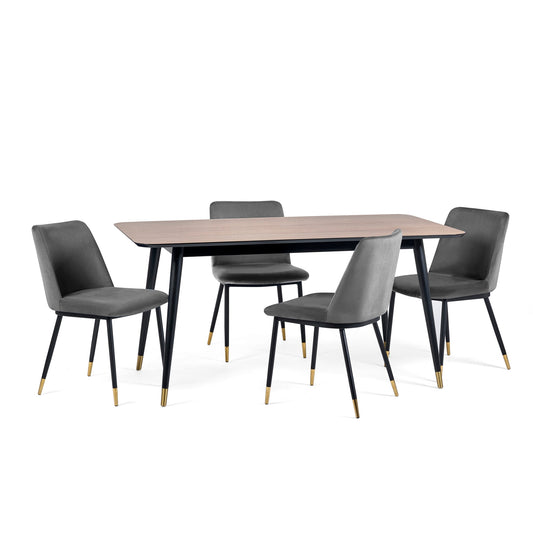 Dining table set with four gray chairs on a white background