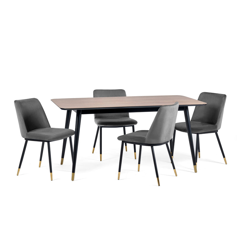 Dining table set with four gray chairs on a white background
