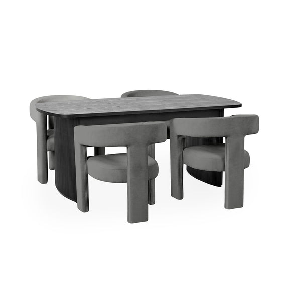 Gray outdoor furniture set with a table and four chairs on a white background
