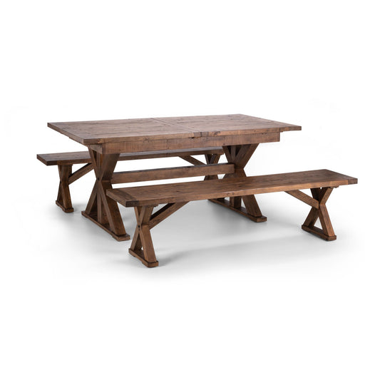 Wooden picnic table with benches on a white background