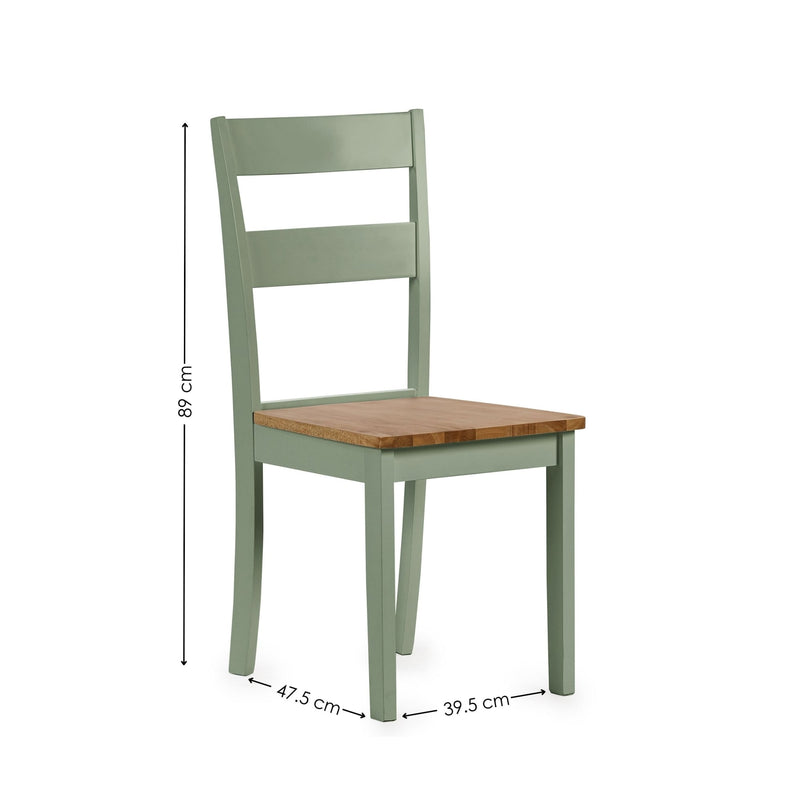Green chair with wooden seat and dimensions on a white background